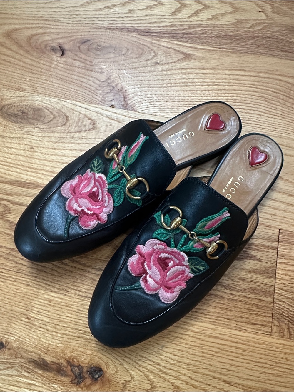 Gucci Black Leather Slip-On Mules with Pink Rose Embroidery